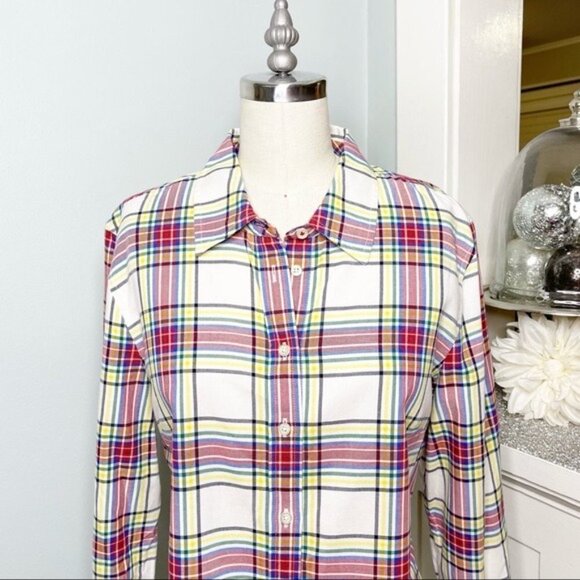 Talbots Classic Cotton Plaid Button Down Shirt Medium White Red Yellow Blue - Picture 4 of 11